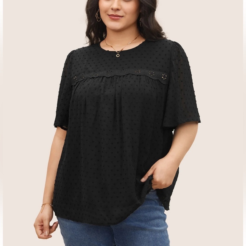 BloomChic Plus Size XL Solid Texture Lace Trim See Through Gathered Blouse us14